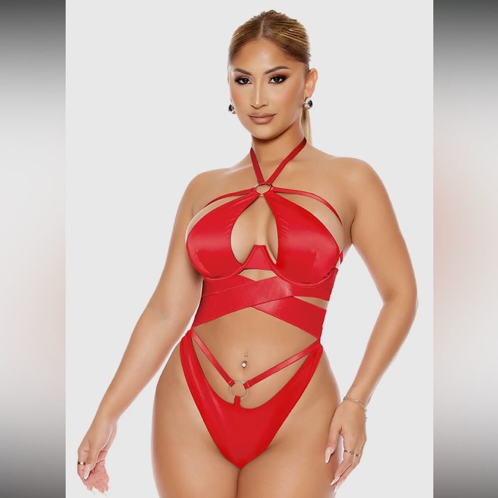 Red Strappy Halter Sexy Lingerie Set